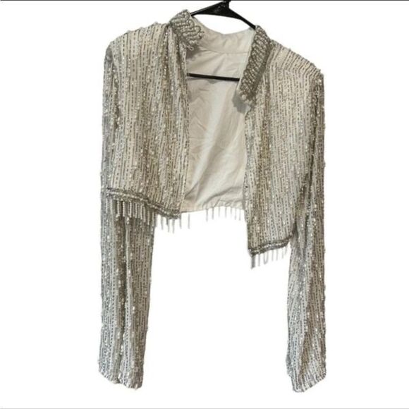 ASOS Edition Linear Fringe Pearl Embellished Crop Top With High Neck in White - Picture 5 of 13